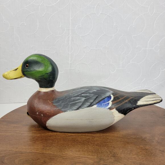 Vintage Signed Wood Carved Peabody Hotel Drake Mallard Duck Decoy Glass Eyes - Picture 2 of 16